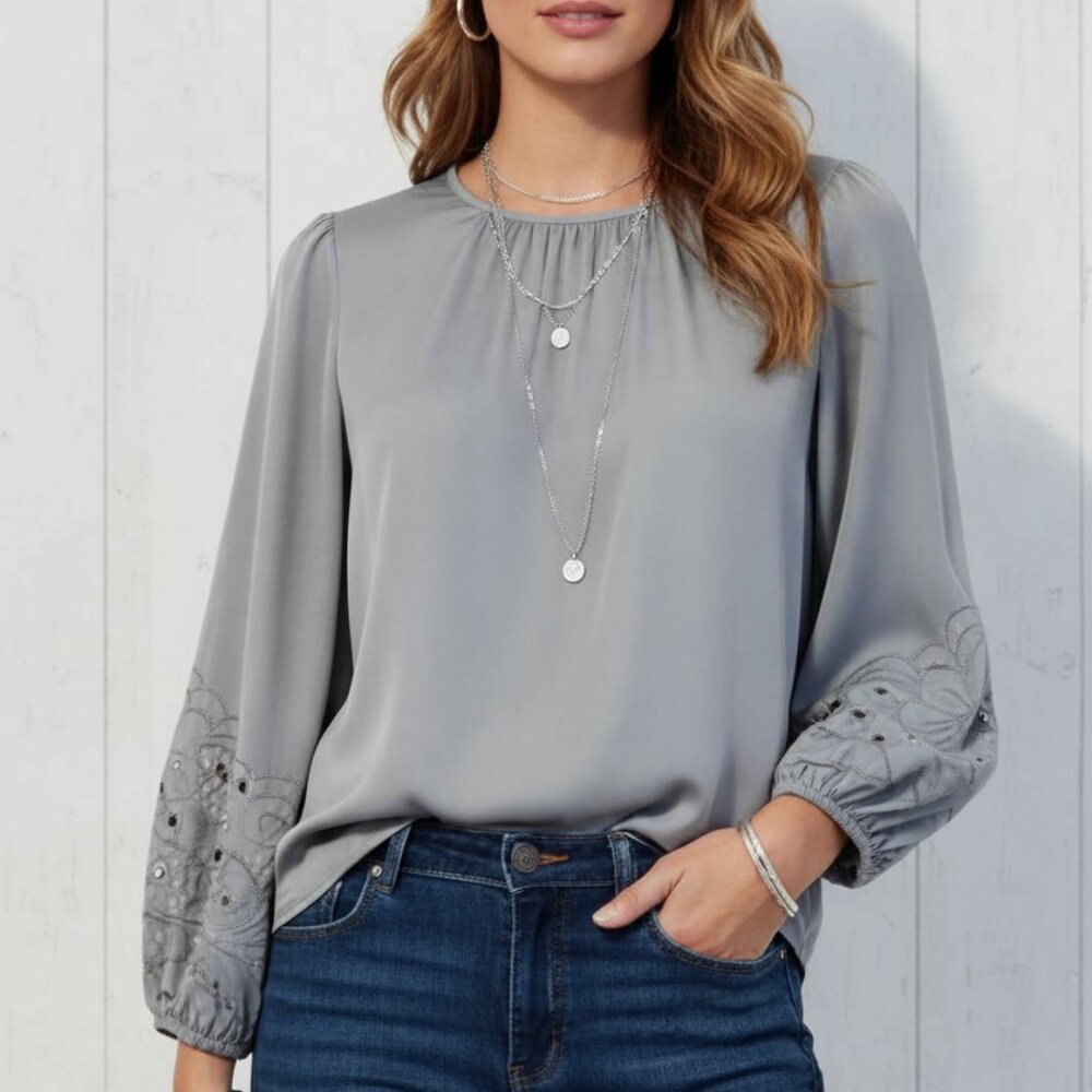 Express Slate Blue Embroidered Balloon Sleeve Blouse - Size Small